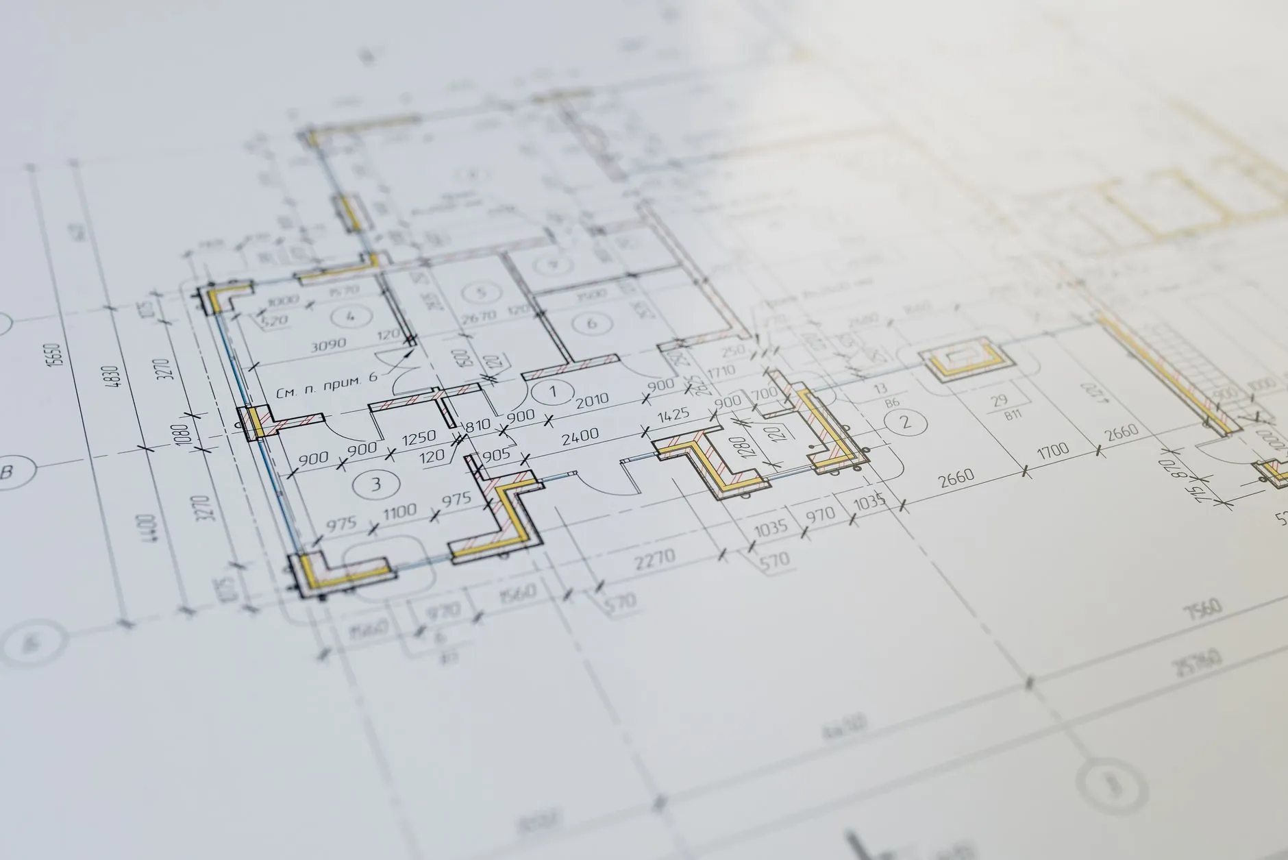 A technical drawing, dimensions and section lines close up.