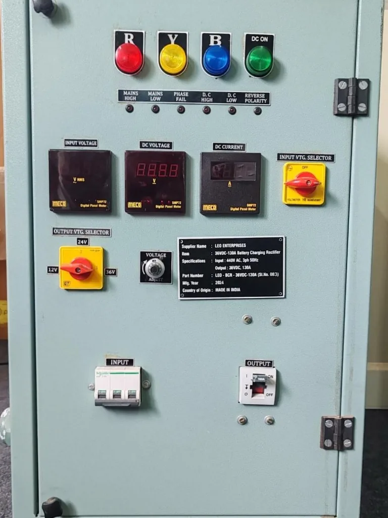 Close view of a rectifier front panel: input voltage, DC voltage and DC current meters, output voltage selector at 12, 24 and 36 volts, and the voltage adjust potentiometer.