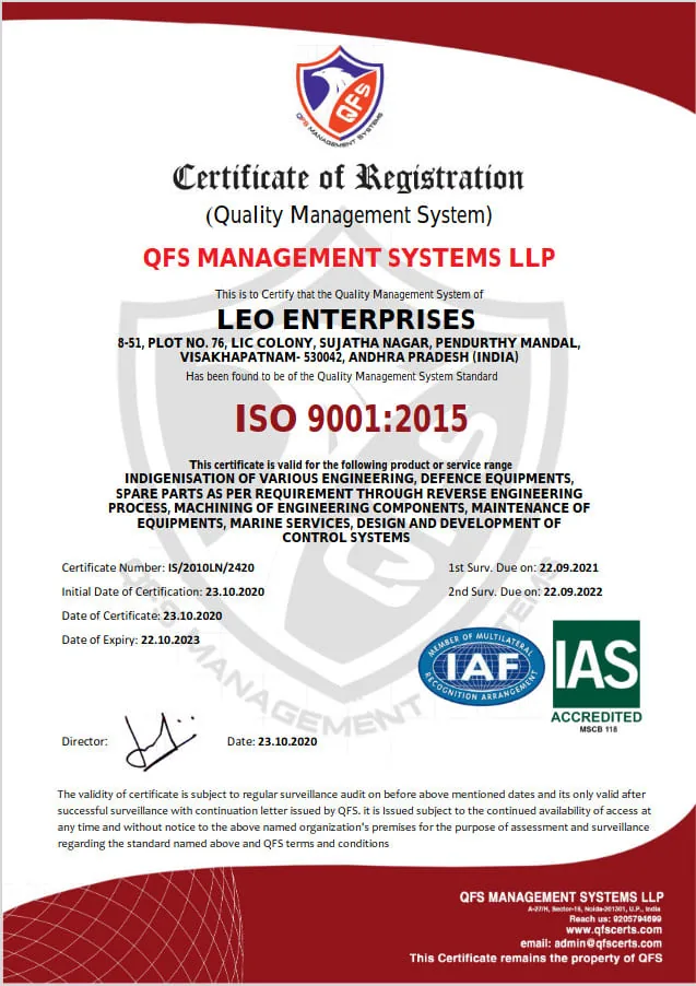The company's ISO 9001:2015 certificate issued by QFS Management Systems LLP.